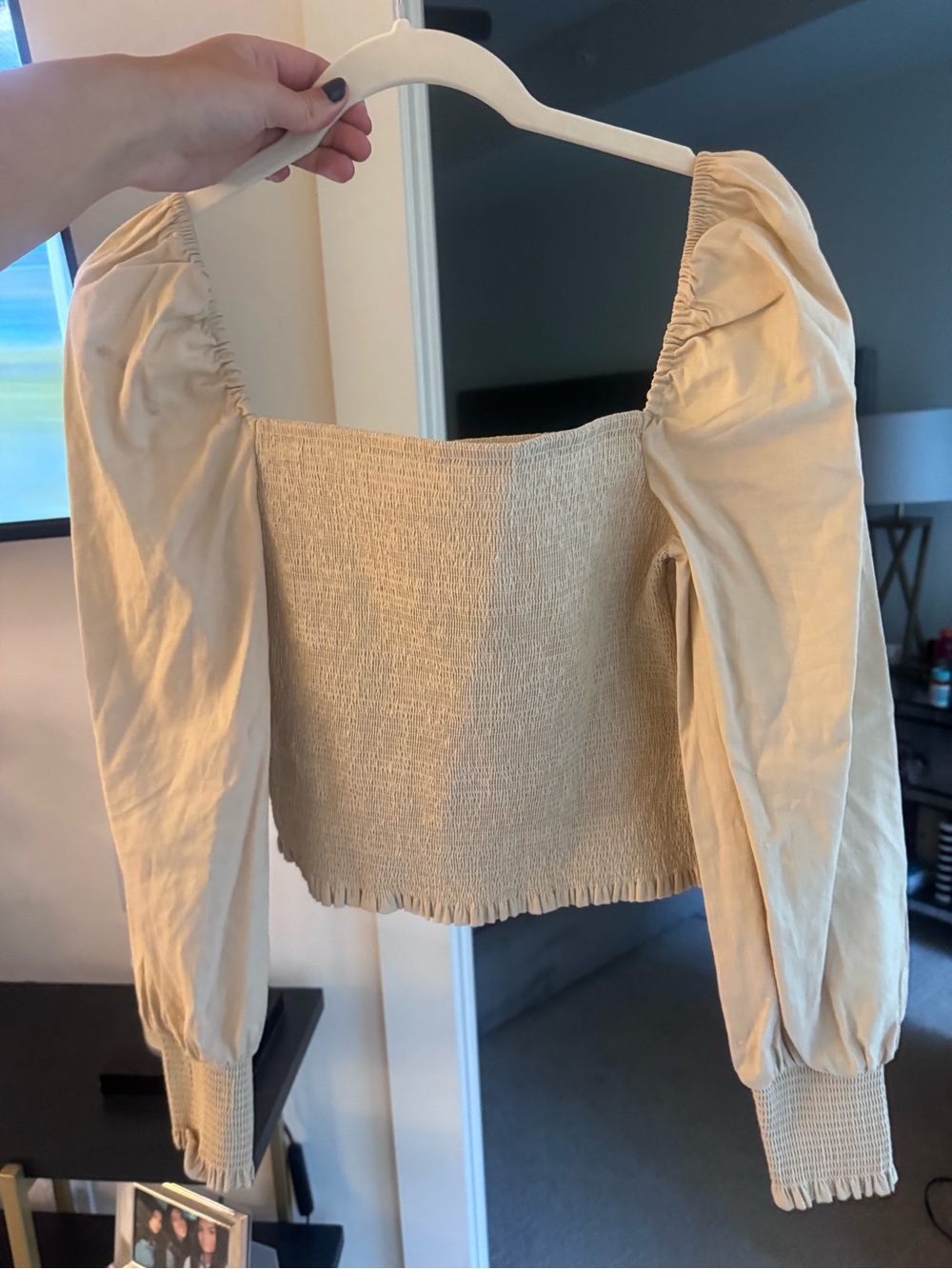 Gianni Bini Beige Smocked Square-Neck Puff Sleeve Top